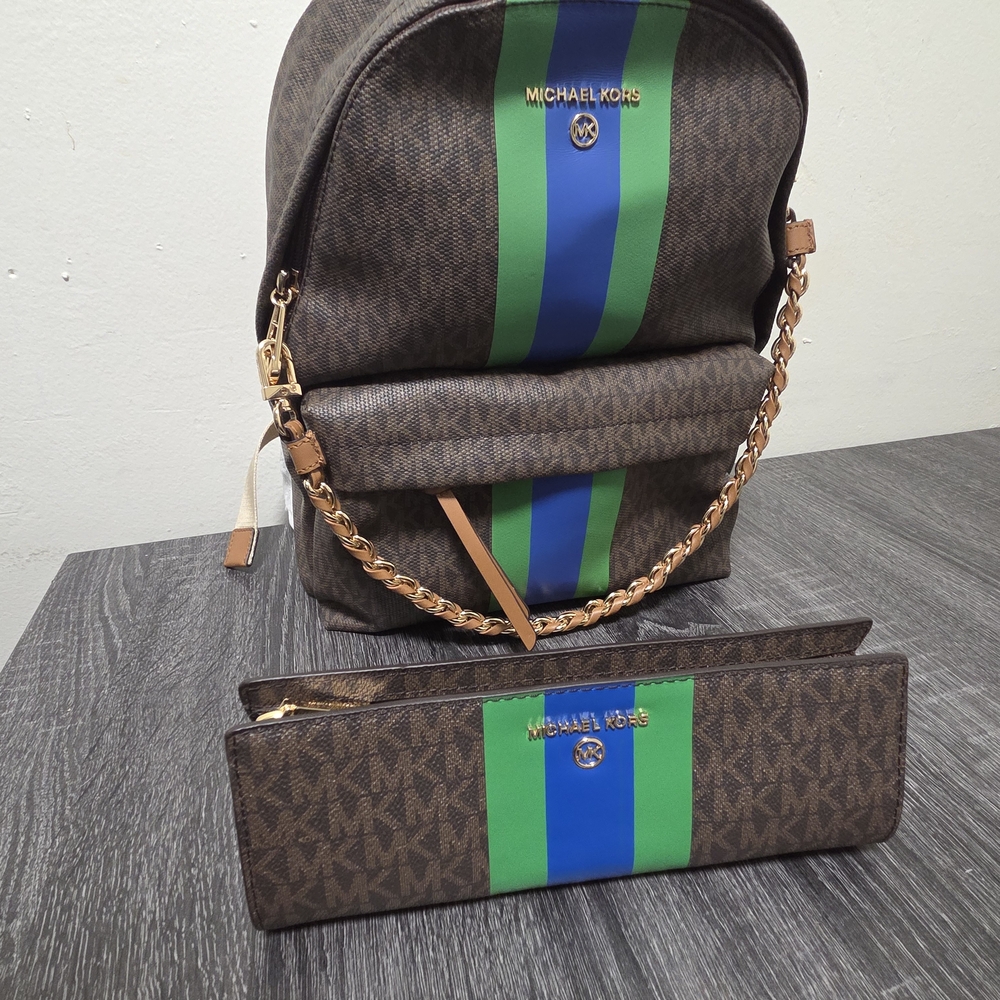 Michael Kors Brown Backpack and Pouch with Green and Blue Stripes
